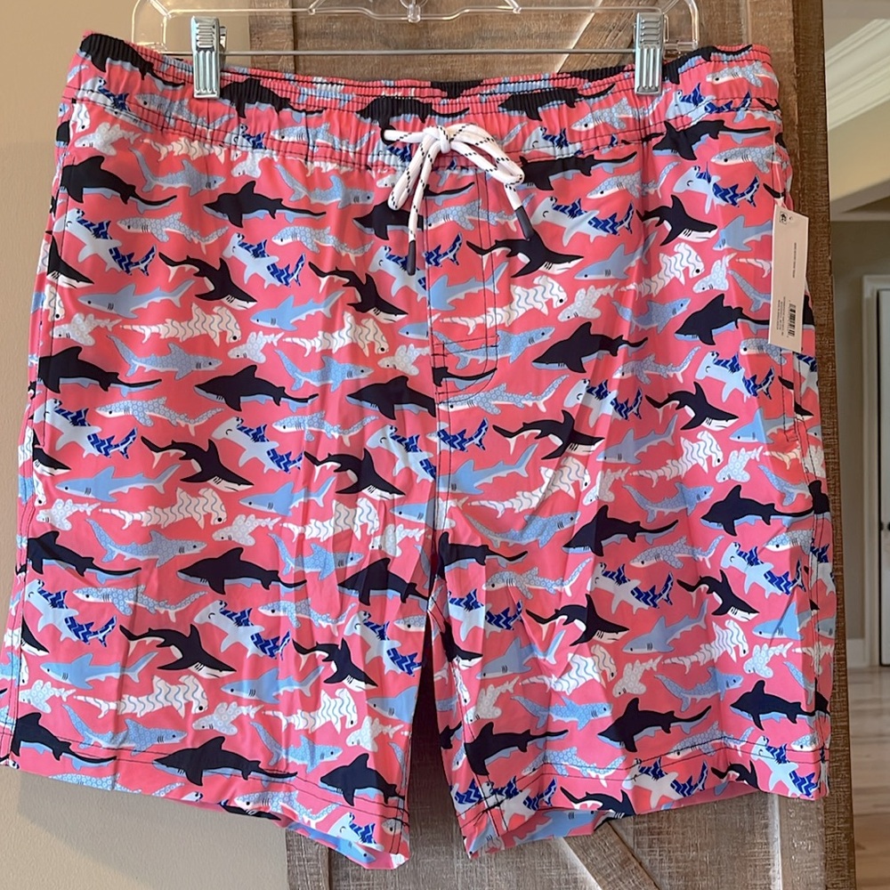 Resort Swim Trunks Pink Shark Print Multi Pocket New